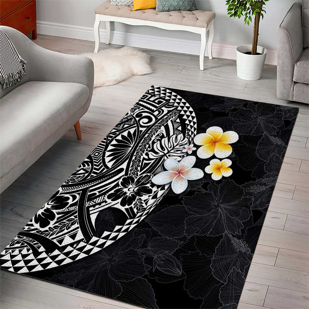Hawaiian Hibiscus and Plumeria Polynesian Tribal Tattoo Area Rug Black Color LT03 - Polynesian Pride