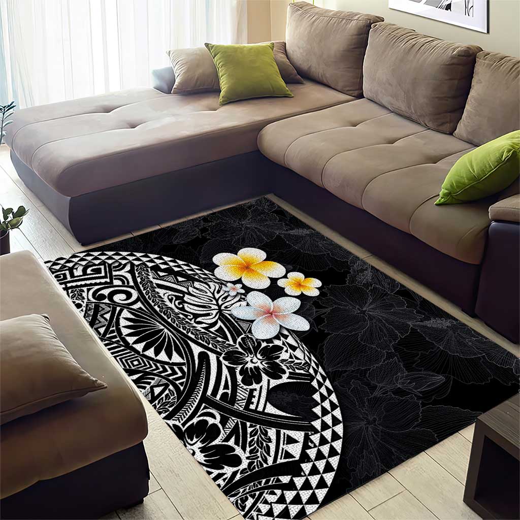 Hawaiian Hibiscus and Plumeria Polynesian Tribal Tattoo Area Rug Black Color LT03 - Polynesian Pride