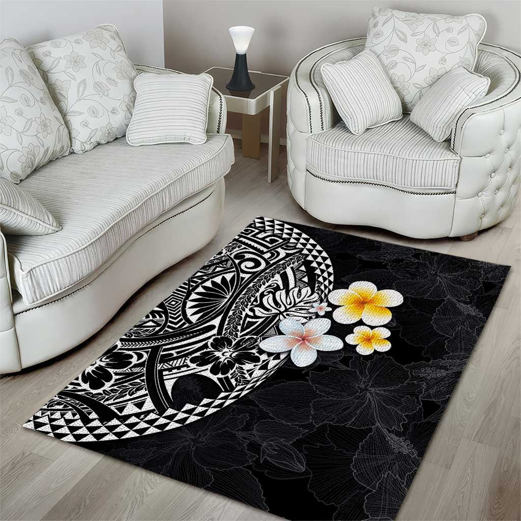 Hawaiian Hibiscus and Plumeria Polynesian Tribal Tattoo Area Rug Black Color LT03 - Polynesian Pride