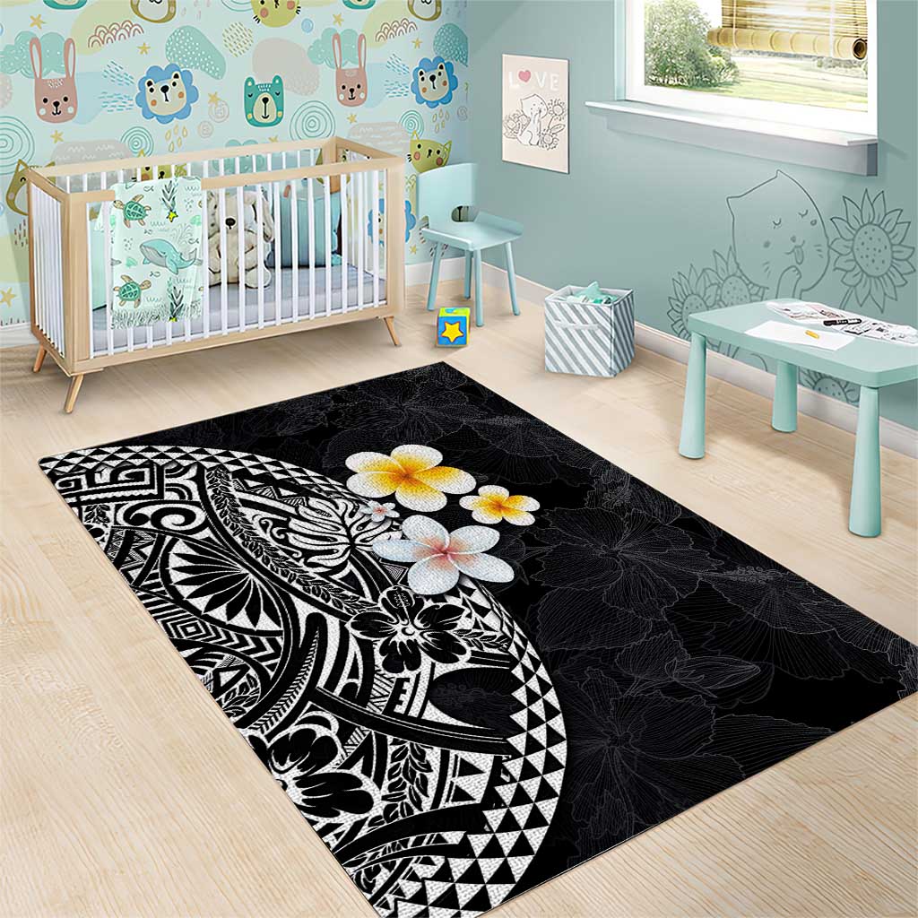 Hawaiian Hibiscus and Plumeria Polynesian Tribal Tattoo Area Rug Black Color LT03 - Polynesian Pride