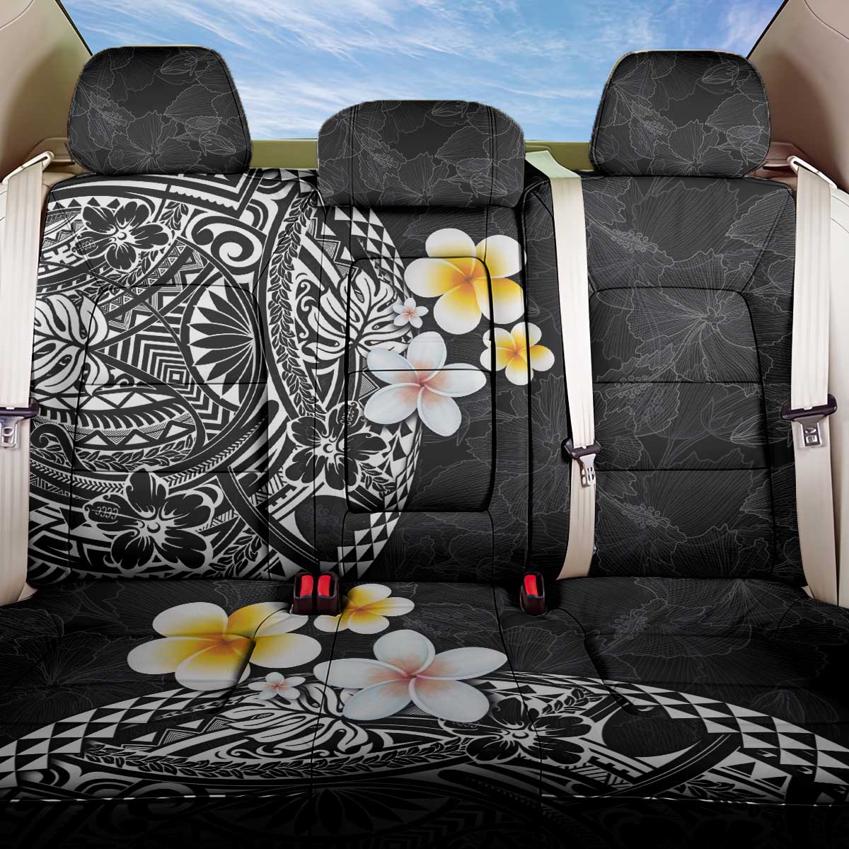 Hawaiian Hibiscus and Plumeria Polynesian Tribal Tattoo Back Car Seat Cover Black Color LT03 One Size Black - Polynesian Pride