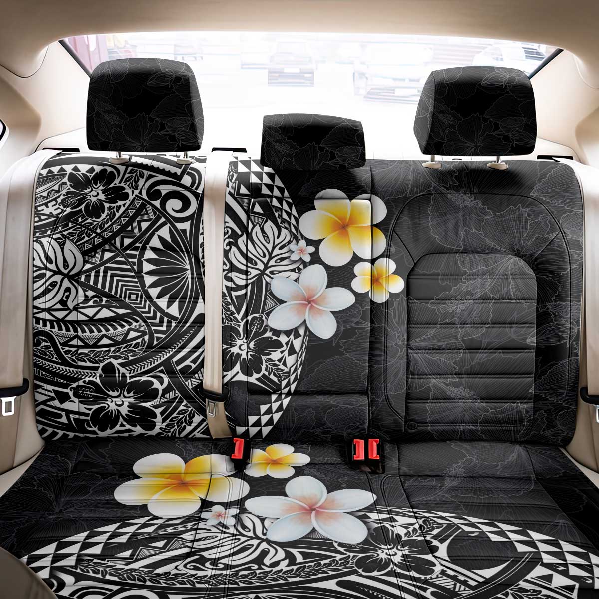 Hawaiian Hibiscus and Plumeria Polynesian Tribal Tattoo Back Car Seat Cover Black Color LT03 - Polynesian Pride