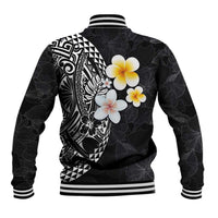 Hawaiian Hibiscus and Plumeria Polynesian Tribal Tattoo Baseball Jacket Black Color