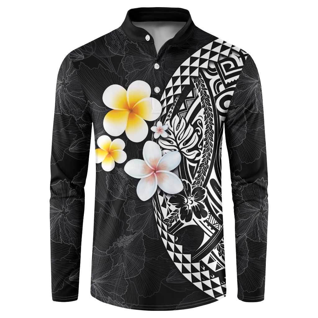 Hawaiian Hibiscus and Plumeria Polynesian Tribal Tattoo Button Sweatshirt Black Color LT03 Black - Polynesian Pride