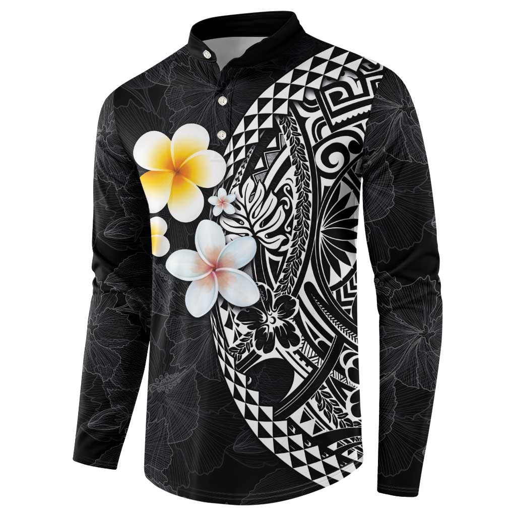 Hawaiian Hibiscus and Plumeria Polynesian Tribal Tattoo Button Sweatshirt Black Color LT03 - Polynesian Pride