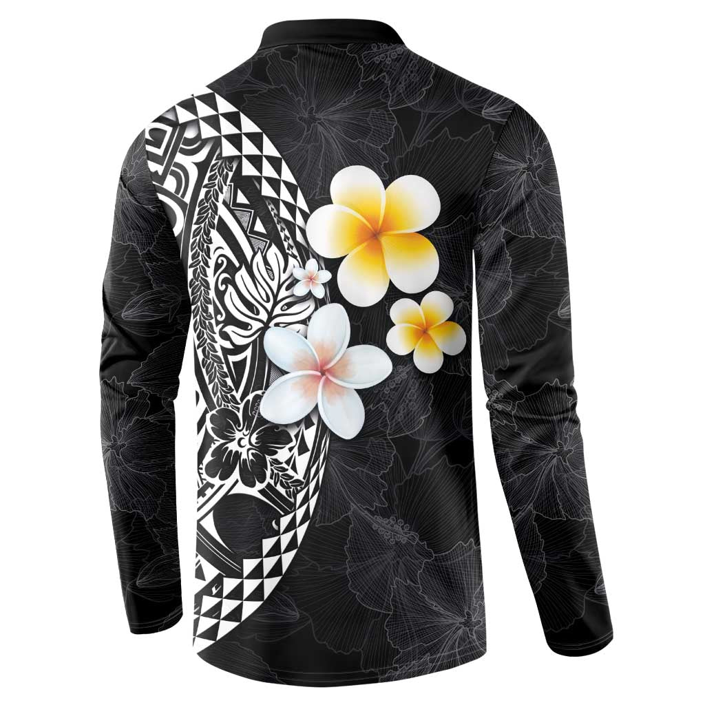 Hawaiian Hibiscus and Plumeria Polynesian Tribal Tattoo Button Sweatshirt Black Color LT03 - Polynesian Pride