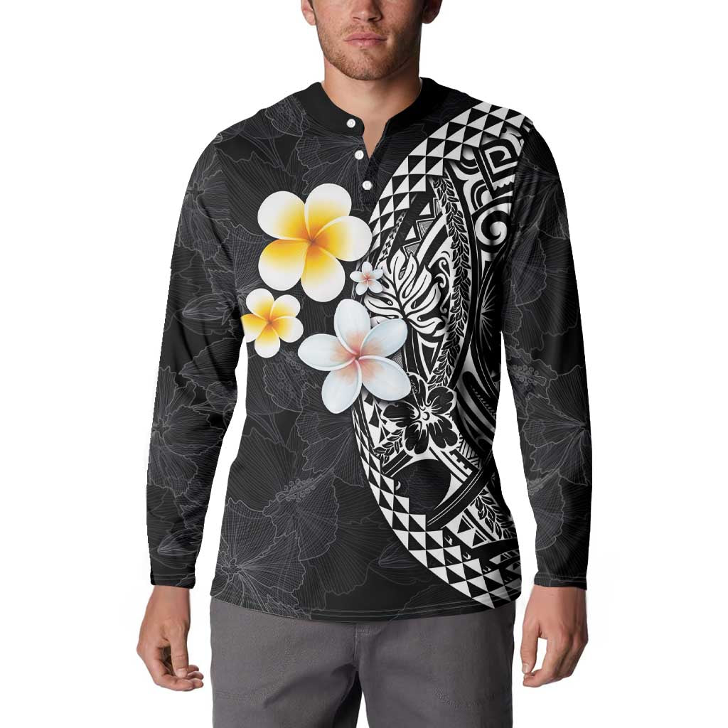 Hawaiian Hibiscus and Plumeria Polynesian Tribal Tattoo Button Sweatshirt Black Color LT03 - Polynesian Pride