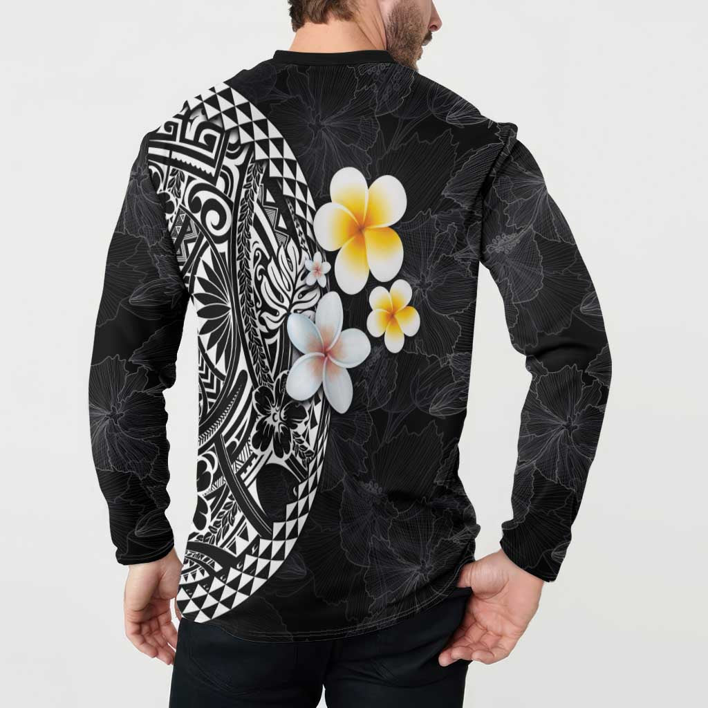 Hawaiian Hibiscus and Plumeria Polynesian Tribal Tattoo Button Sweatshirt Black Color LT03 - Polynesian Pride