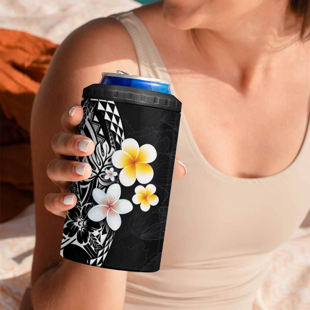 Hawaiian Hibiscus and Plumeria Polynesian Tribal Tattoo 4 in 1 Can Cooler Tumbler Black Color LT03 - Polynesian Pride