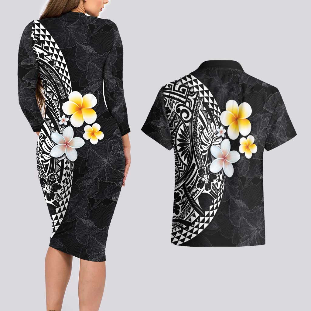 Hawaiian Hibiscus and Plumeria Polynesian Tribal Tattoo Couples Matching Long Sleeve Bodycon Dress and Hawaiian Shirt Black Color LT03 - Polynesian Pride