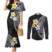 Hawaiian Hibiscus and Plumeria Polynesian Tribal Tattoo Couples Matching Mermaid Dress and Long Sleeve Button Shirt Black Color
