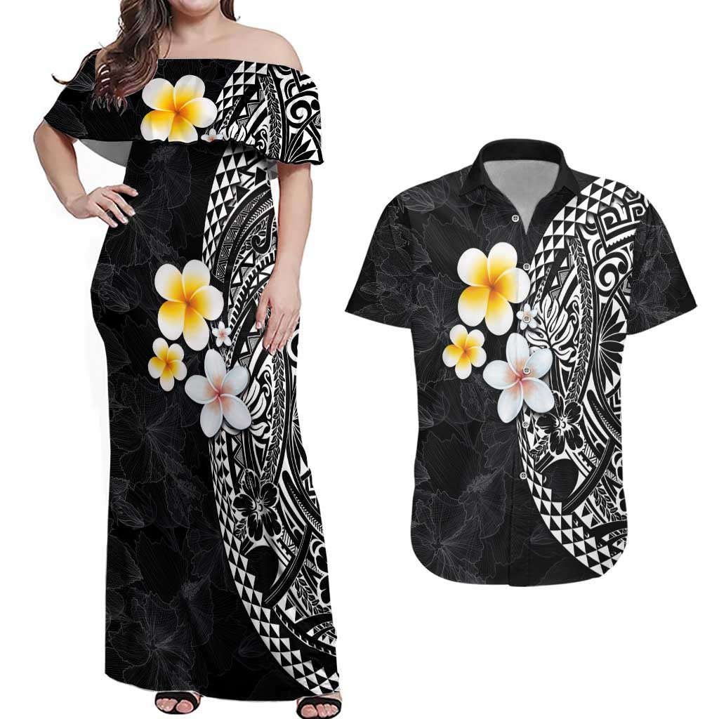 Hawaiian Hibiscus and Plumeria Polynesian Tribal Tattoo Couples Matching Off Shoulder Maxi Dress and Hawaiian Shirt Black Color LT03 Black - Polynesian Pride