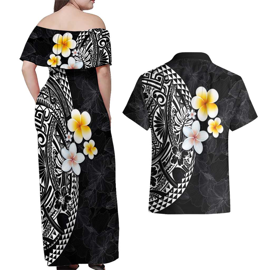 Hawaiian Hibiscus and Plumeria Polynesian Tribal Tattoo Couples Matching Off Shoulder Maxi Dress and Hawaiian Shirt Black Color LT03 - Polynesian Pride