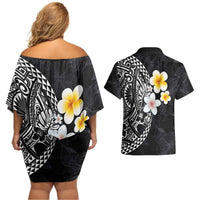 Hawaiian Hibiscus and Plumeria Polynesian Tribal Tattoo Couples Matching Off Shoulder Short Dress and Hawaiian Shirt Black Color