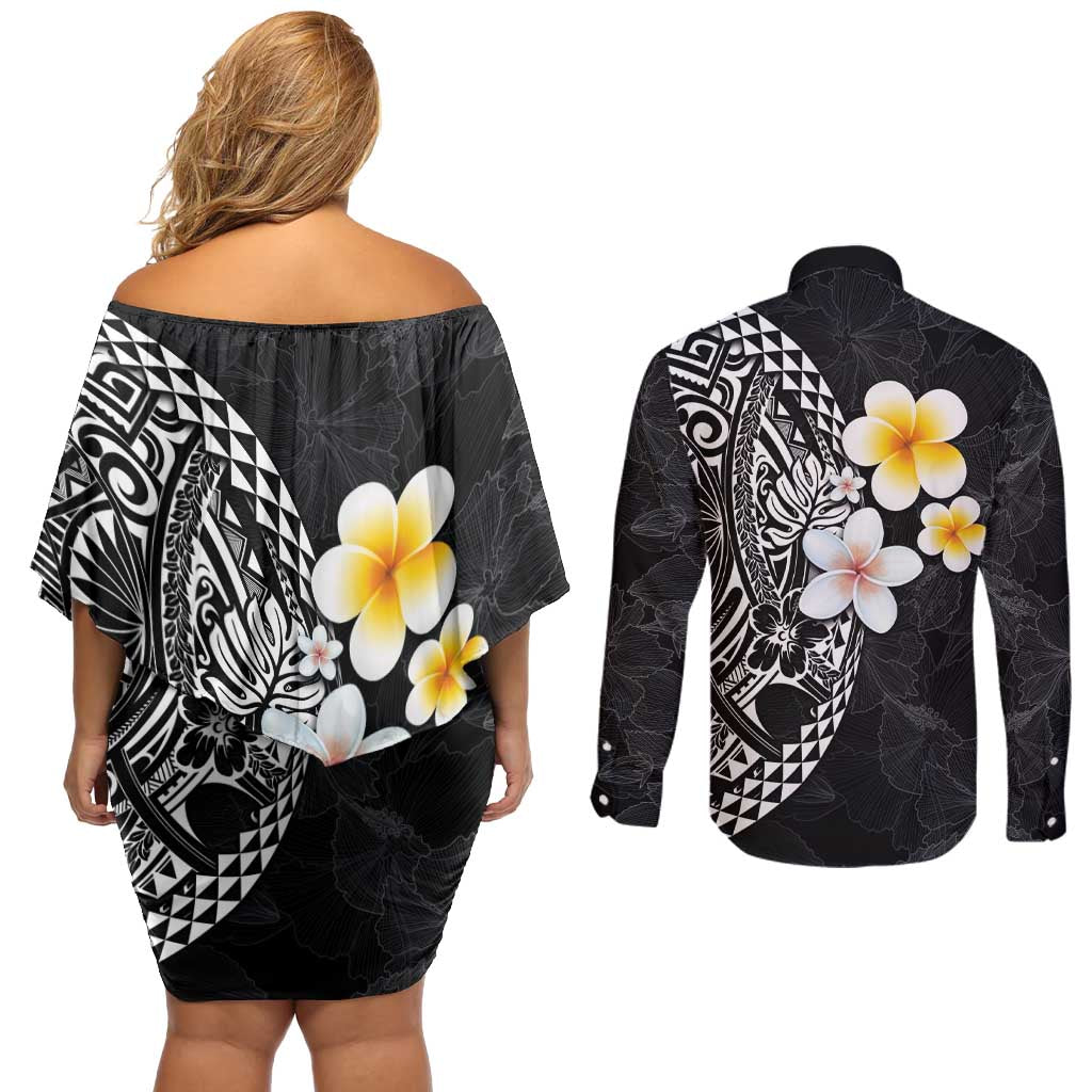 Hawaiian Hibiscus and Plumeria Polynesian Tribal Tattoo Couples Matching Off Shoulder Short Dress and Long Sleeve Button Shirt Black Color