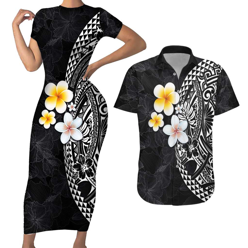 Hawaiian Hibiscus and Plumeria Polynesian Tribal Tattoo Couples Matching Short Sleeve Bodycon Dress and Hawaiian Shirt Black Color LT03 Black - Polynesian Pride