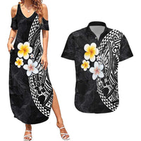 Hawaiian Hibiscus and Plumeria Polynesian Tribal Tattoo Couples Matching Summer Maxi Dress and Hawaiian Shirt Black Color