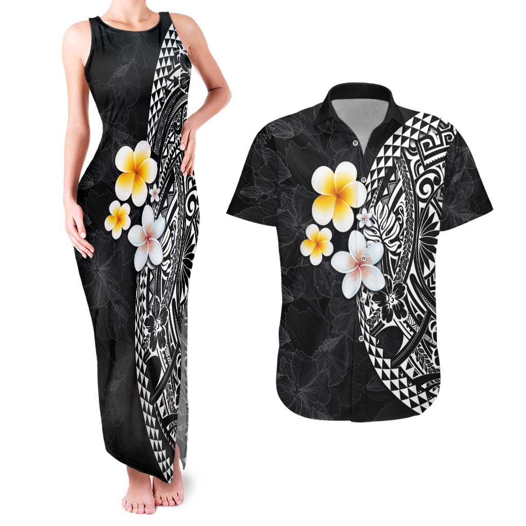 Hawaiian Hibiscus and Plumeria Polynesian Tribal Tattoo Couples Matching Tank Maxi Dress and Hawaiian Shirt Black Color