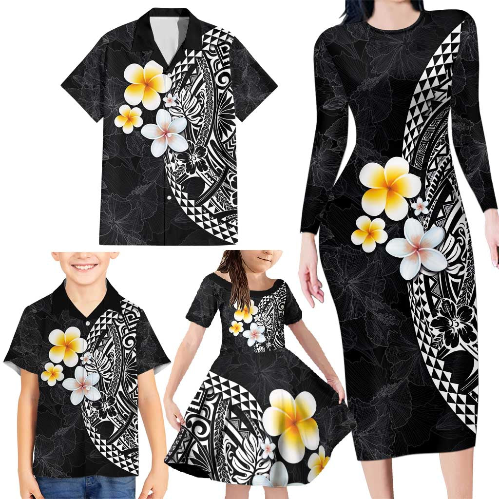 Hawaiian Hibiscus and Plumeria Polynesian Tribal Tattoo Family Matching Long Sleeve Bodycon Dress and Hawaiian Shirt Black Color LT03 - Polynesian Pride