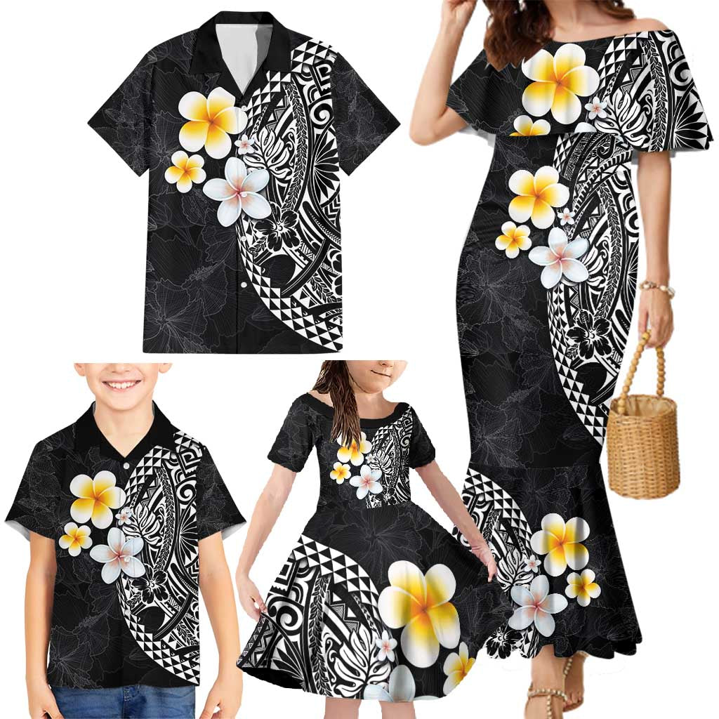 Hawaiian Hibiscus and Plumeria Polynesian Tribal Tattoo Family Matching Mermaid Dress and Hawaiian Shirt Black Color LT03 - Polynesian Pride