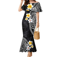 Hawaiian Hibiscus and Plumeria Polynesian Tribal Tattoo Family Matching Mermaid Dress and Hawaiian Shirt Black Color LT03 Mom's Dress Black - Polynesian Pride