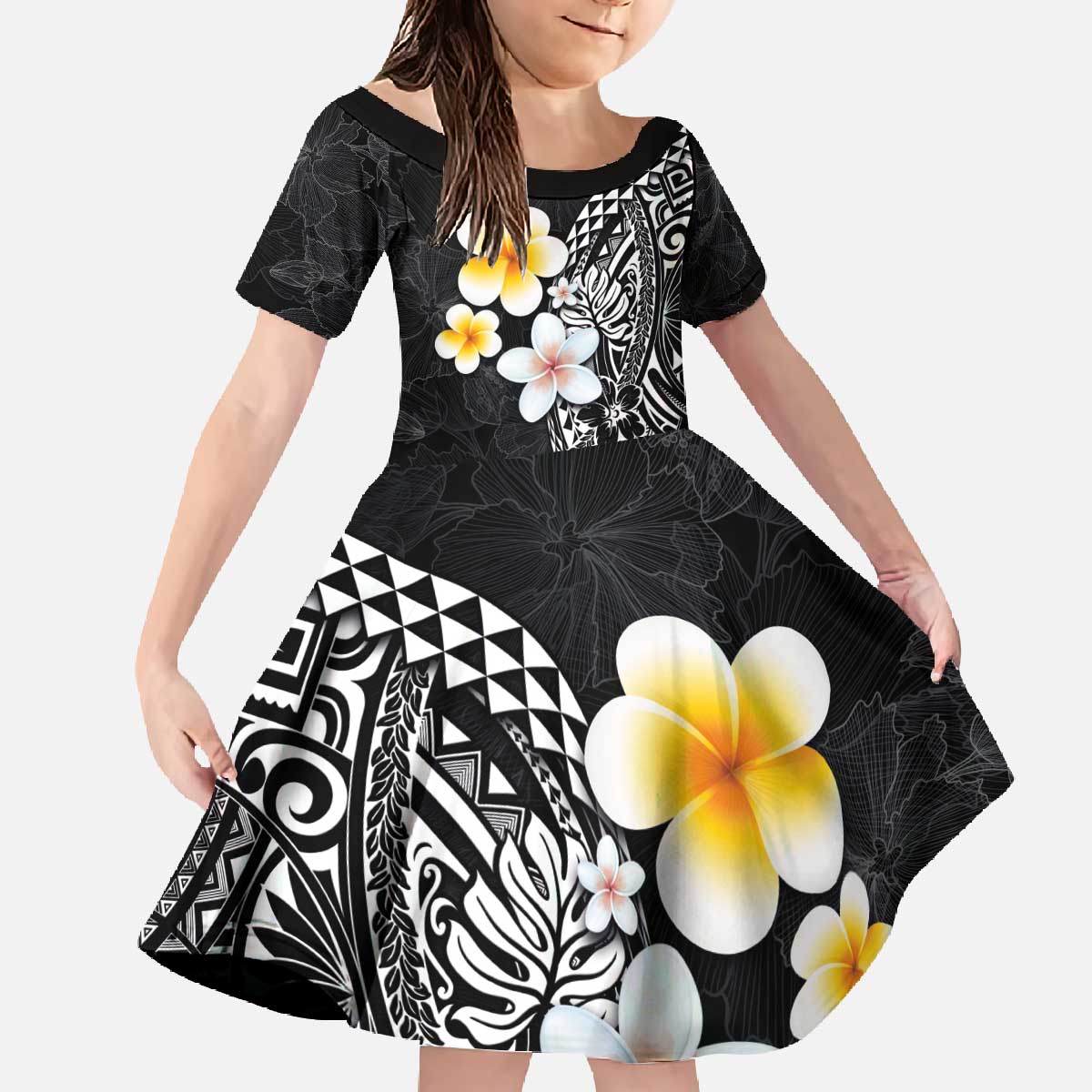 Hawaiian Hibiscus and Plumeria Polynesian Tribal Tattoo Family Matching Off The Shoulder Long Sleeve Dress and Hawaiian Shirt Black Color LT03 Daughter's Dress Black - Polynesian Pride