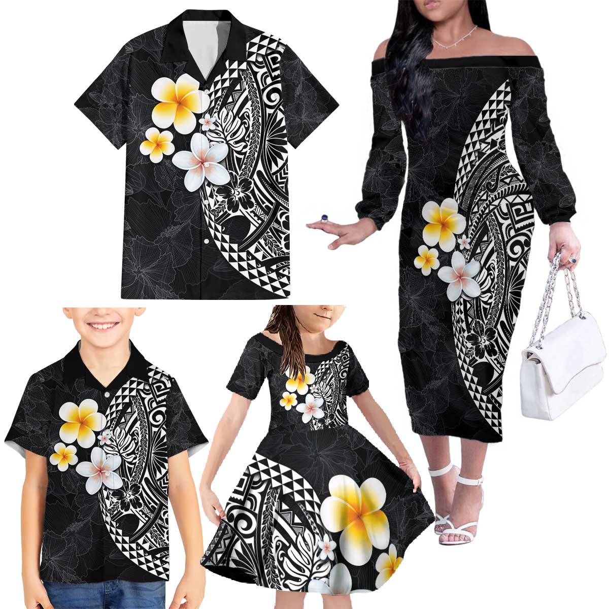 Hawaiian Hibiscus and Plumeria Polynesian Tribal Tattoo Family Matching Off The Shoulder Long Sleeve Dress and Hawaiian Shirt Black Color LT03 - Polynesian Pride