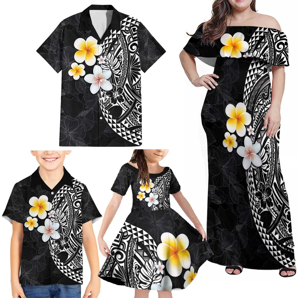 Hawaiian Hibiscus and Plumeria Polynesian Tribal Tattoo Family Matching Off Shoulder Maxi Dress and Hawaiian Shirt Black Color LT03 - Polynesian Pride