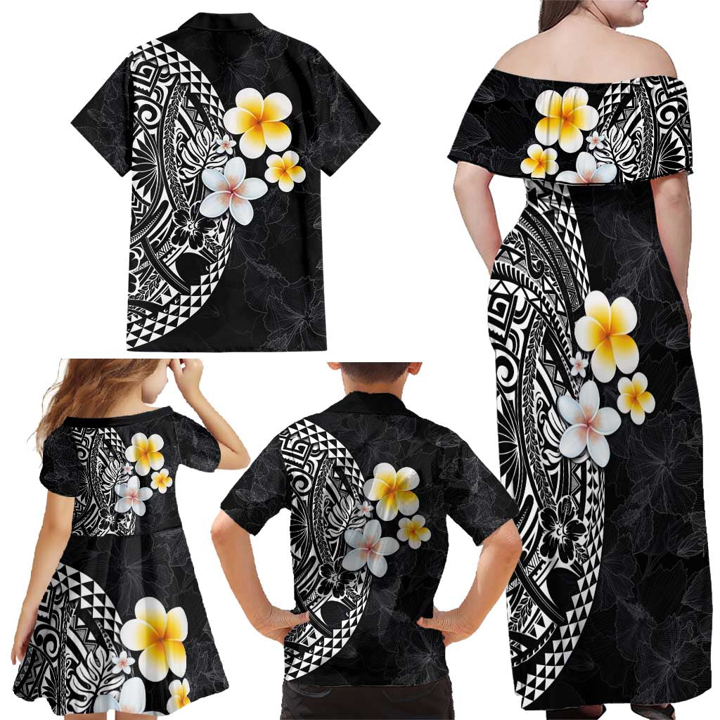 Hawaiian Hibiscus and Plumeria Polynesian Tribal Tattoo Family Matching Off Shoulder Maxi Dress and Hawaiian Shirt Black Color LT03 - Polynesian Pride