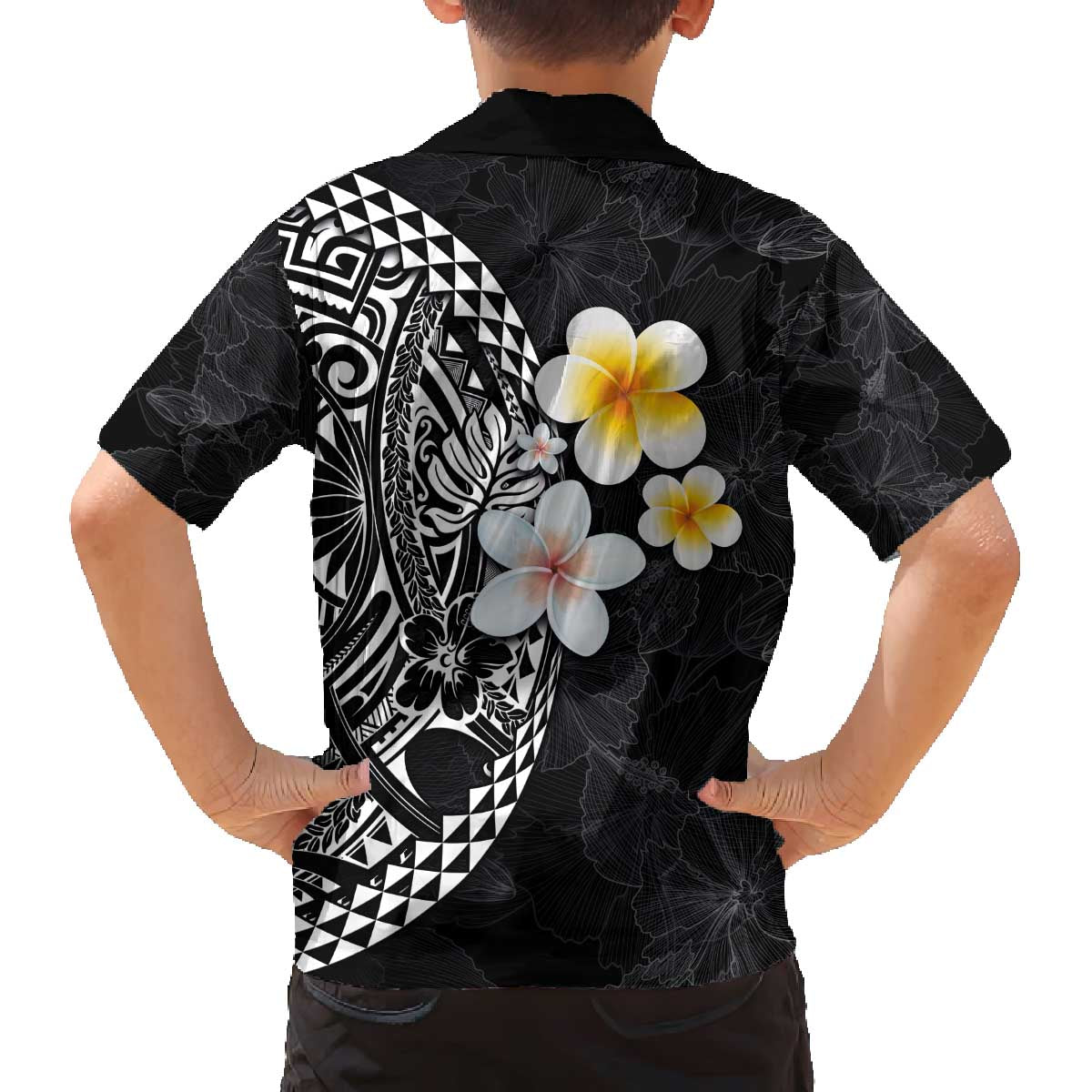 Hawaiian Hibiscus and Plumeria Polynesian Tribal Tattoo Family Matching Off Shoulder Short Dress and Hawaiian Shirt Black Color LT03 - Polynesian Pride