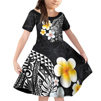 Hawaiian Hibiscus and Plumeria Polynesian Tribal Tattoo Family Matching Off Shoulder Short Dress and Hawaiian Shirt Black Color LT03 Daughter's Dress Black - Polynesian Pride