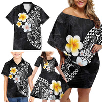 Hawaiian Hibiscus and Plumeria Polynesian Tribal Tattoo Family Matching Off Shoulder Short Dress and Hawaiian Shirt Black Color LT03 - Polynesian Pride