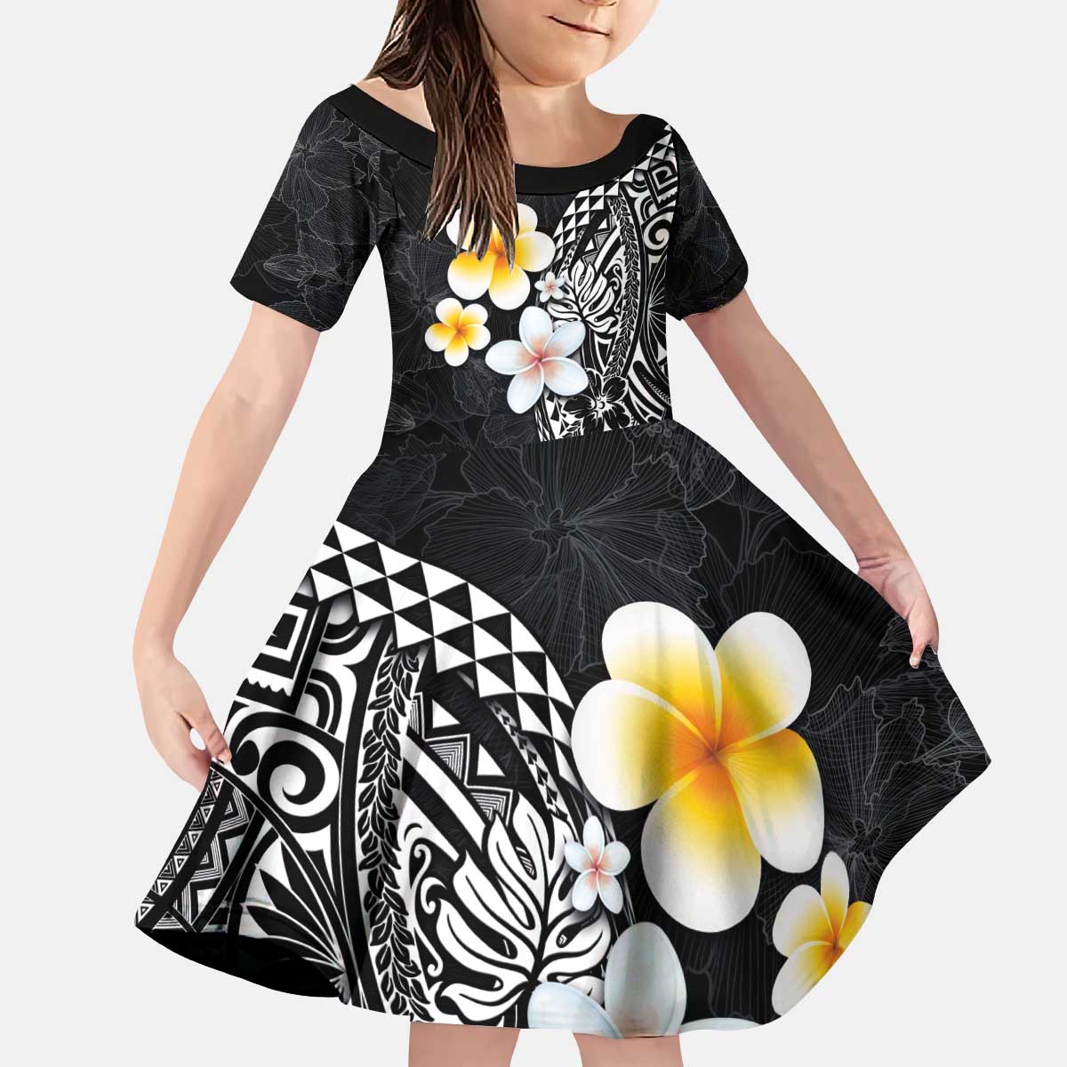 Hawaiian Hibiscus and Plumeria Polynesian Tribal Tattoo Family Matching Puletasi and Hawaiian Shirt Black Color LT03 Daughter's Dress Black - Polynesian Pride