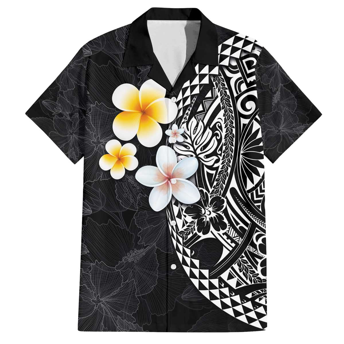 Hawaiian Hibiscus and Plumeria Polynesian Tribal Tattoo Family Matching Puletasi and Hawaiian Shirt Black Color LT03 Dad's Shirt - Short Sleeve Black - Polynesian Pride