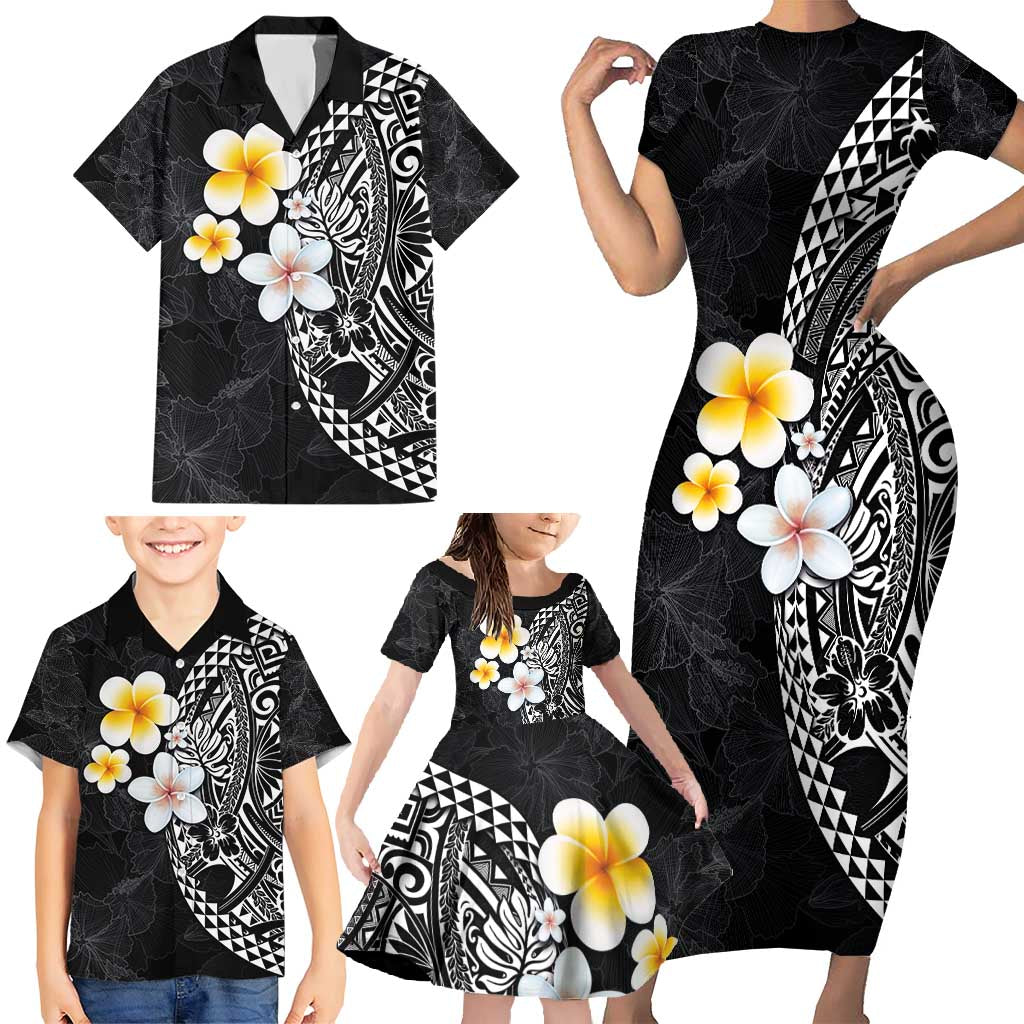 Hawaiian Hibiscus and Plumeria Polynesian Tribal Tattoo Family Matching Short Sleeve Bodycon Dress and Hawaiian Shirt Black Color LT03 - Polynesian Pride