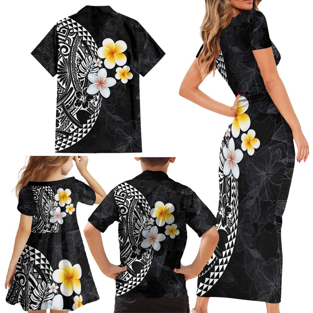 Hawaiian Hibiscus and Plumeria Polynesian Tribal Tattoo Family Matching Short Sleeve Bodycon Dress and Hawaiian Shirt Black Color LT03 - Polynesian Pride