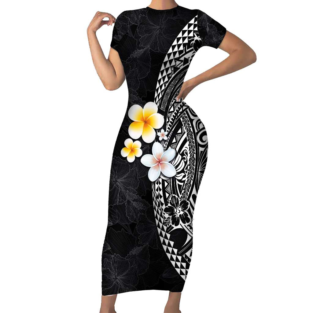 Hawaiian Hibiscus and Plumeria Polynesian Tribal Tattoo Family Matching Short Sleeve Bodycon Dress and Hawaiian Shirt Black Color LT03 Mom's Dress Black - Polynesian Pride