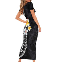 Hawaiian Hibiscus and Plumeria Polynesian Tribal Tattoo Family Matching Short Sleeve Bodycon Dress and Hawaiian Shirt Black Color LT03 - Polynesian Pride