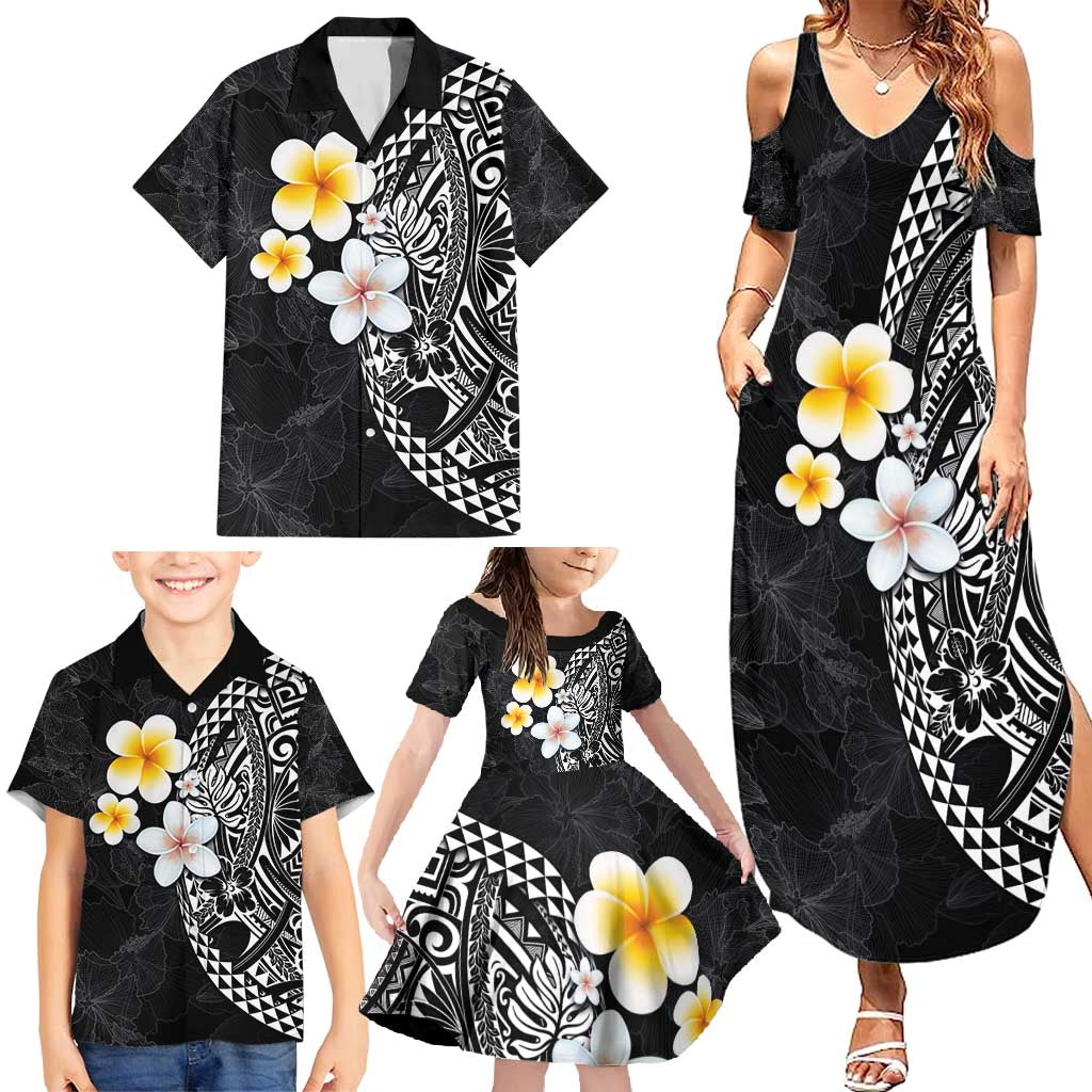 Hawaiian Hibiscus and Plumeria Polynesian Tribal Tattoo Family Matching Summer Maxi Dress and Hawaiian Shirt Black Color LT03 - Polynesian Pride