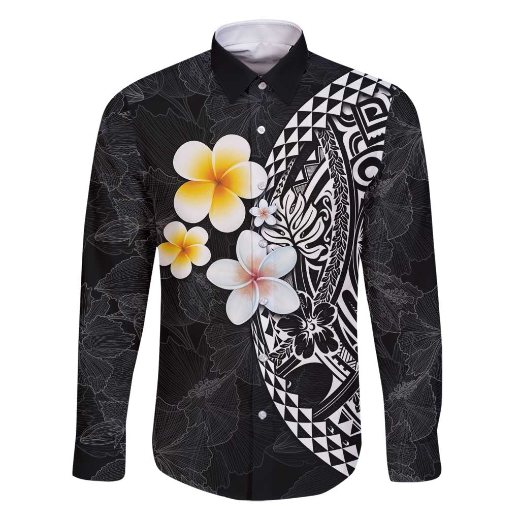 Hawaiian Hibiscus and Plumeria Polynesian Tribal Tattoo Family Matching Summer Maxi Dress and Hawaiian Shirt Black Color LT03 Dad's Shirt - Long Sleeve Black - Polynesian Pride