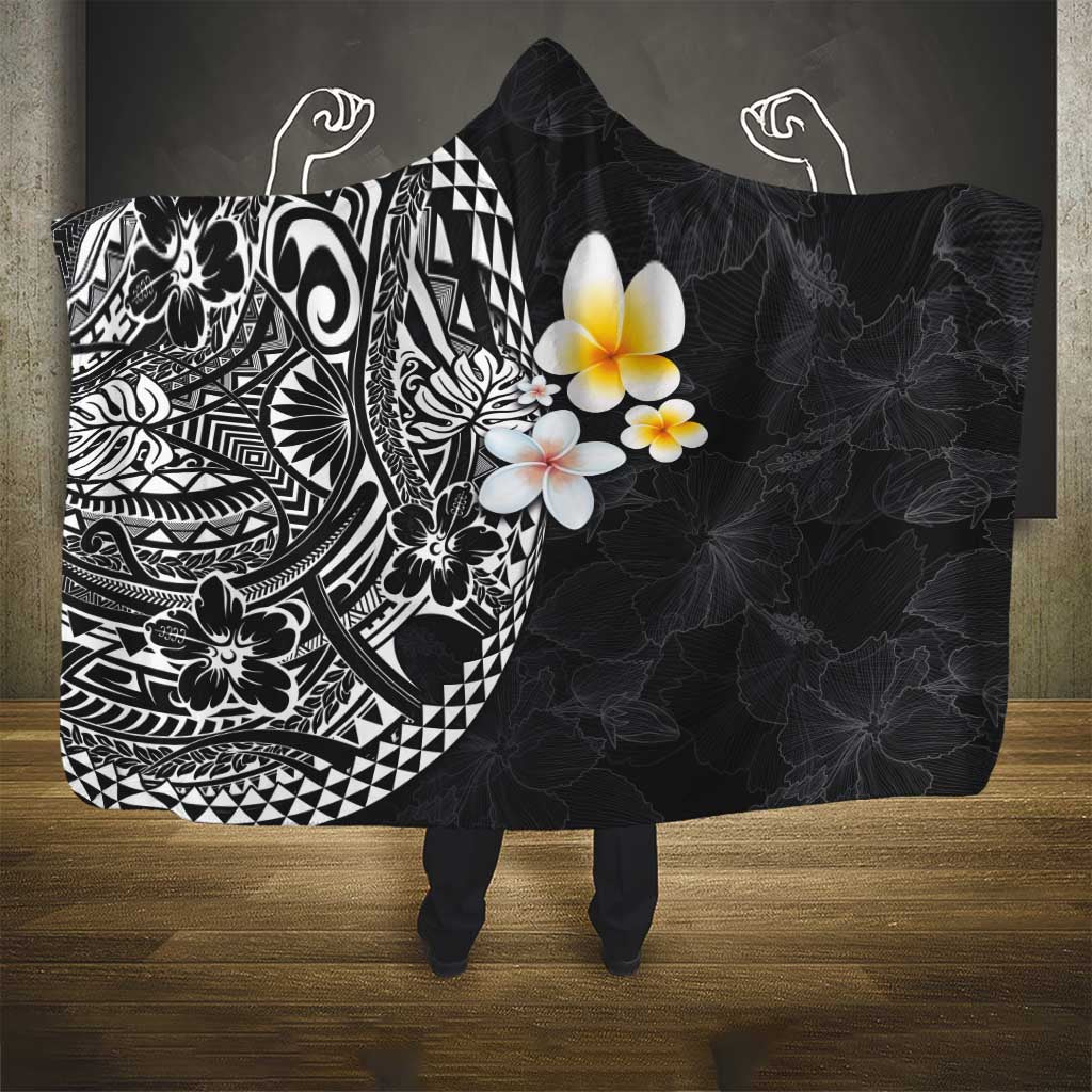 Hawaiian Hibiscus and Plumeria Polynesian Tribal Tattoo Hooded Blanket Black Color LT03 - Polynesian Pride
