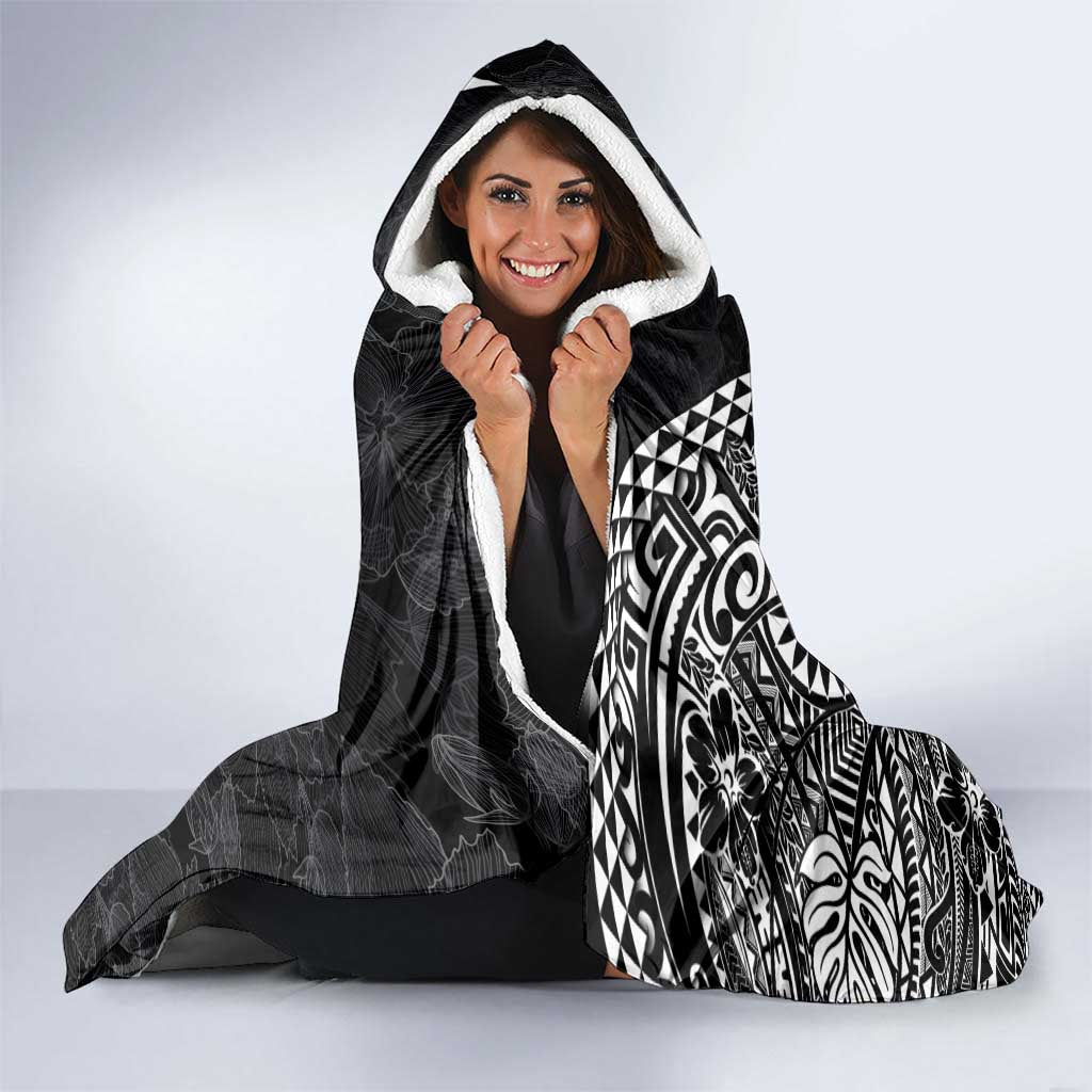 Hawaiian Hibiscus and Plumeria Polynesian Tribal Tattoo Hooded Blanket Black Color LT03 - Polynesian Pride