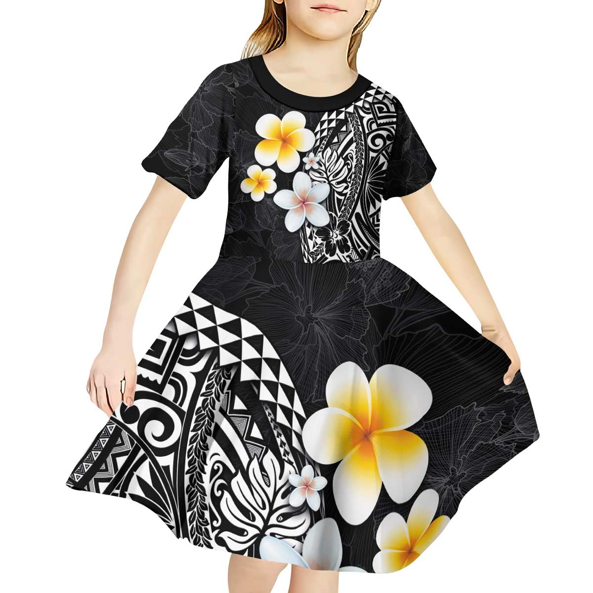 Hawaiian Hibiscus and Plumeria Polynesian Tribal Tattoo Kid Short Sleeve Dress Black Color LT03 - Polynesian Pride