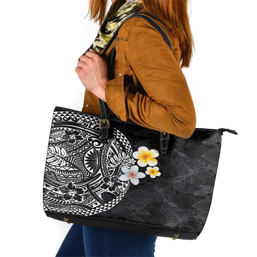 Hawaiian Hibiscus and Plumeria Polynesian Tribal Tattoo Leather Tote Bag Black Color LT03 Black - Polynesian Pride