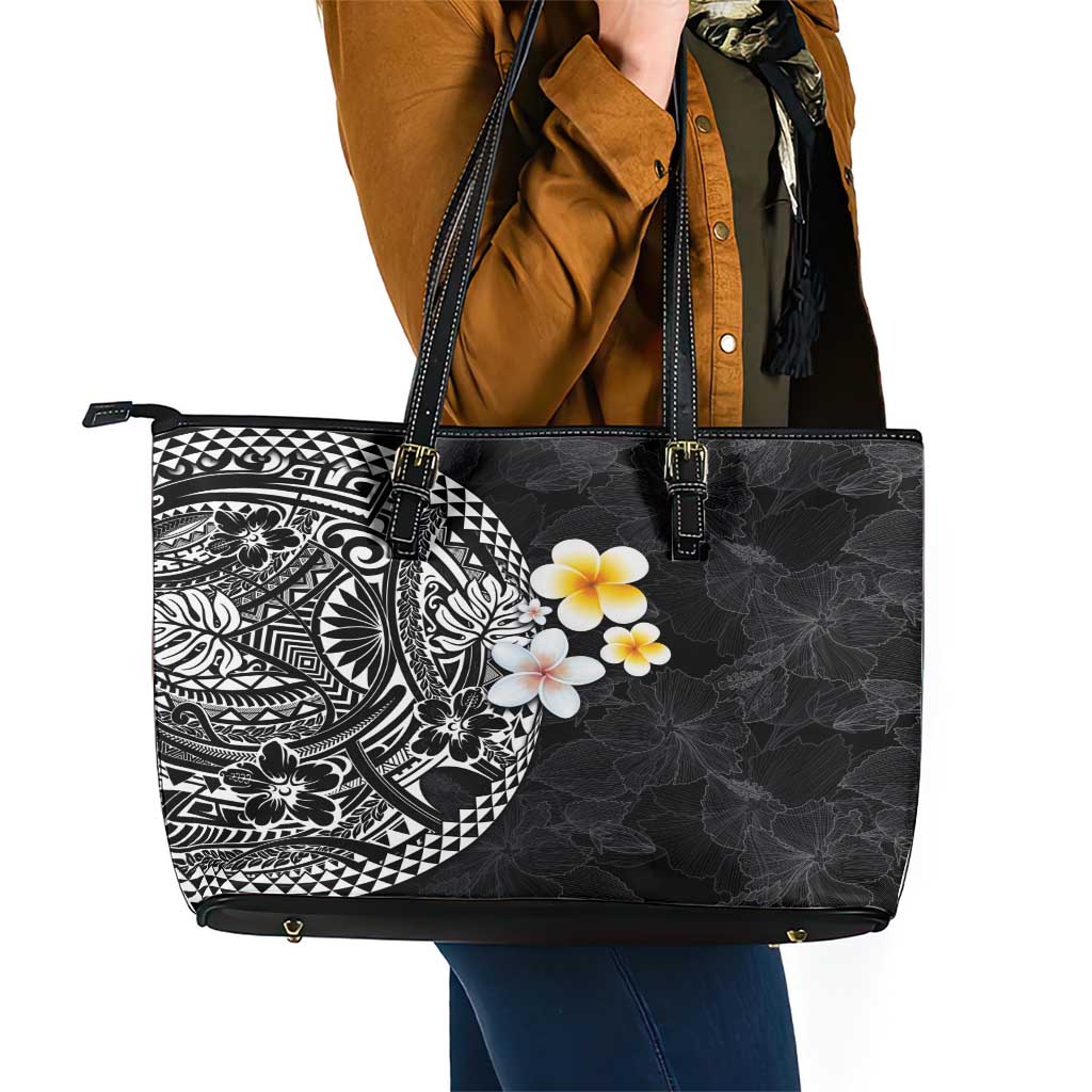 Hawaiian Hibiscus and Plumeria Polynesian Tribal Tattoo Leather Tote Bag Black Color LT03 - Polynesian Pride