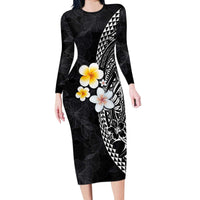 Hawaiian Hibiscus and Plumeria Polynesian Tribal Tattoo Long Sleeve Bodycon Dress Black Color LT03 Long Dress Black - Polynesian Pride