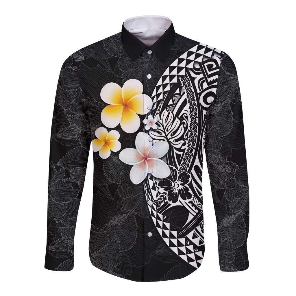 Hawaiian Hibiscus and Plumeria Polynesian Tribal Tattoo Long Sleeve Button Shirt Black Color LT03 Unisex Black - Polynesian Pride