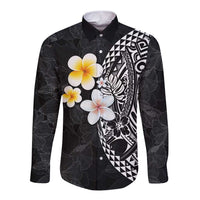 Hawaiian Hibiscus and Plumeria Polynesian Tribal Tattoo Long Sleeve Button Shirt Black Color LT03 Unisex Black - Polynesian Pride