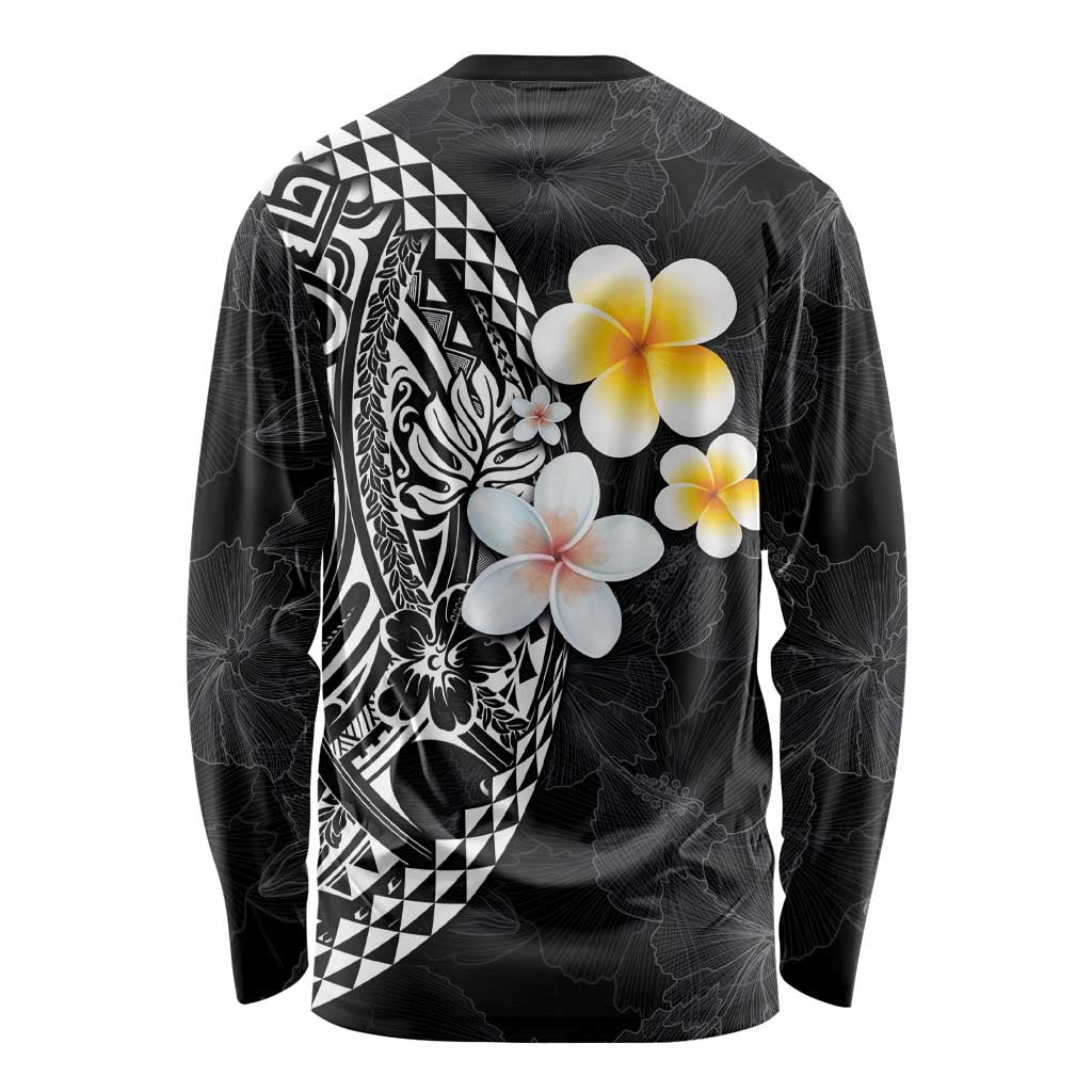Hawaiian Hibiscus and Plumeria Polynesian Tribal Tattoo Long Sleeve Shirt Black Color LT03 - Polynesian Pride