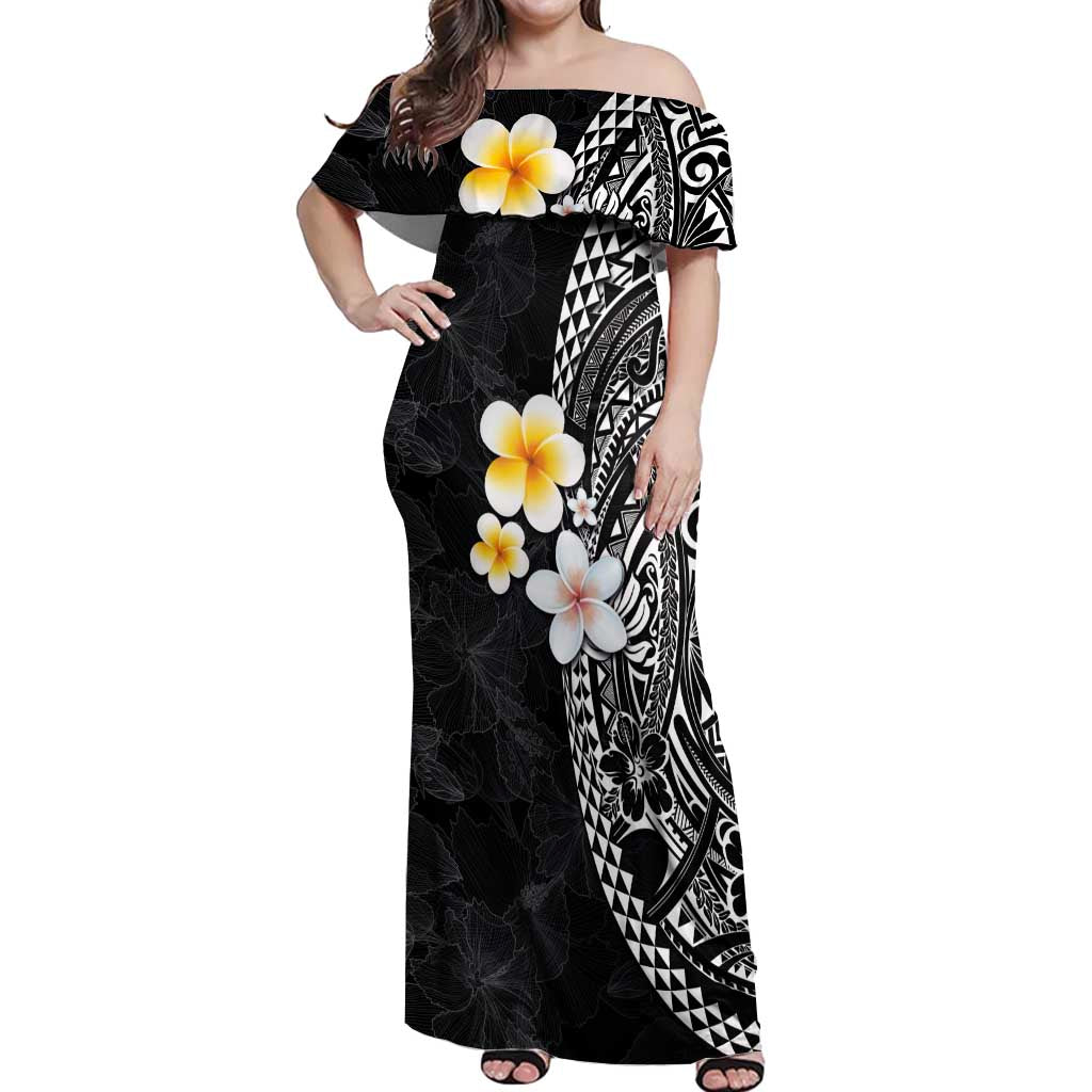 Hawaiian Hibiscus and Plumeria Polynesian Tribal Tattoo Off Shoulder Maxi Dress Black Color LT03 Women Black - Polynesian Pride